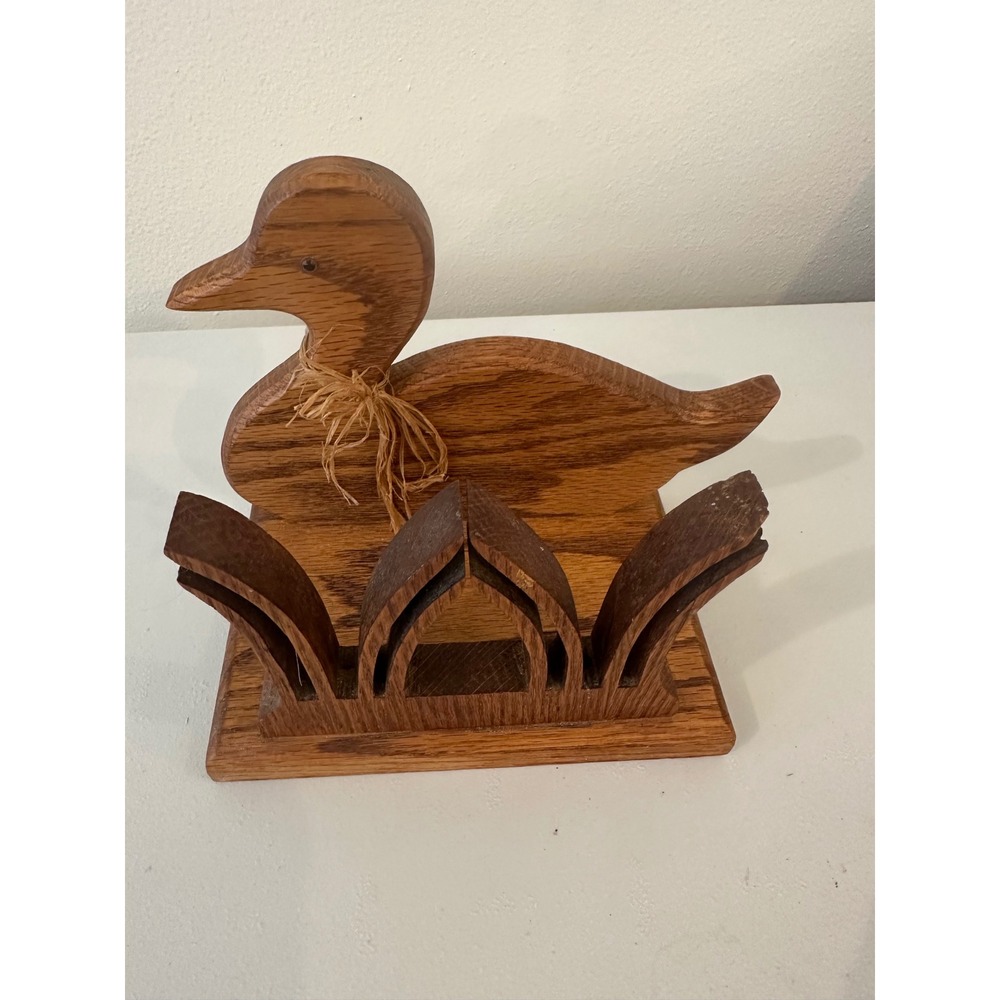 Vintage Oak Wood Duck Napkin Holder Rustic Farmhouse Kitchen Decor Handcrafted